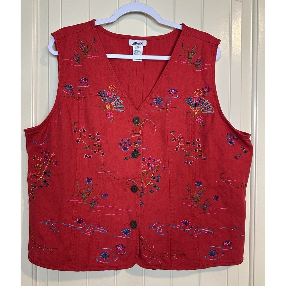 Graff By UM Company red Asian floral Embroidered Vest Cottagecore Boho sz‎ XL